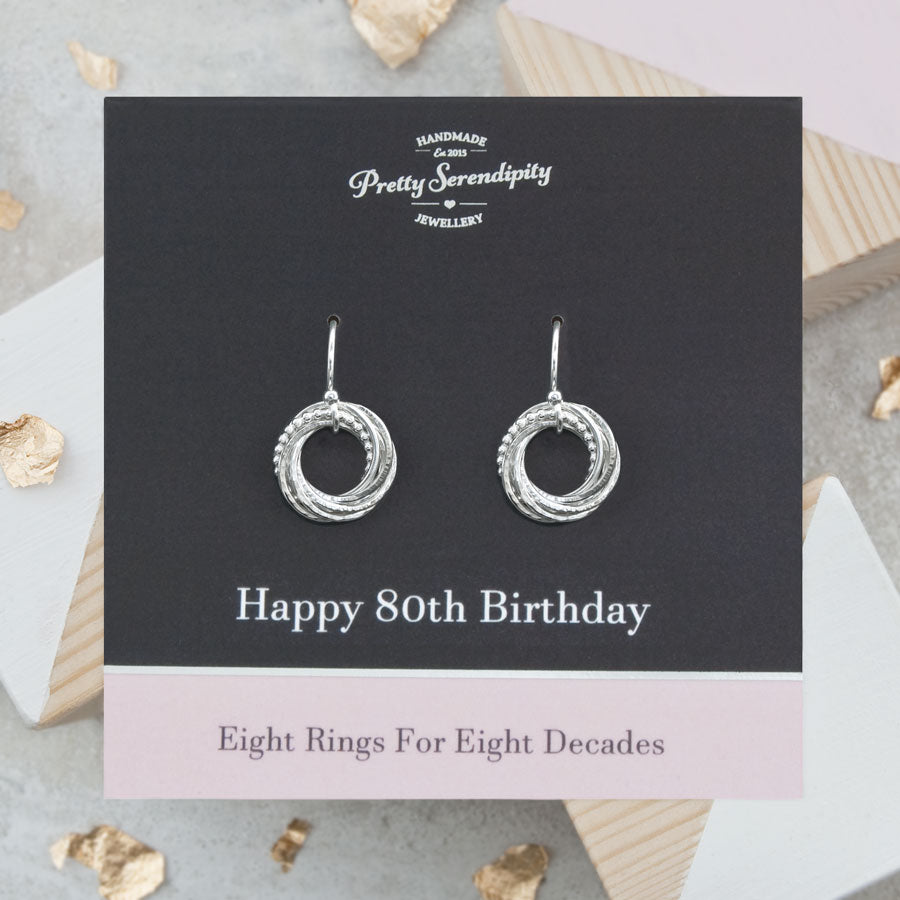 80th Birthday Earrings – 8 Rings for 8 Decades – Sterling Silver – Textured